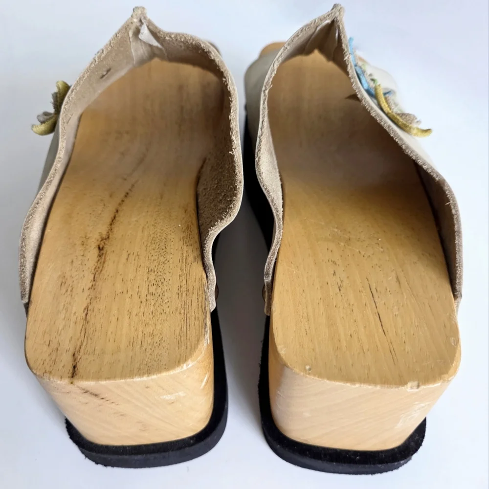 Thick Wood Platforms With Flower, Soft Floppy Leather Uppers & Silver Studs 7.5